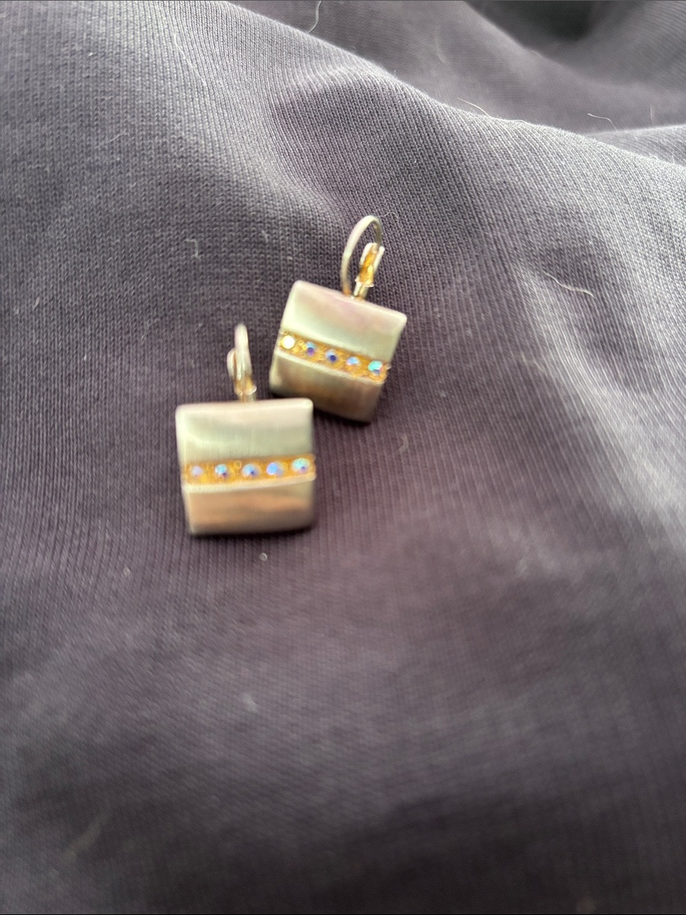 Square Iridescent Gray Gold Tone Drop Earrings with Opal Like Accent